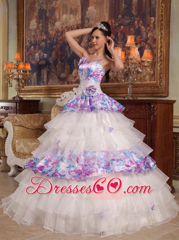 Elegant Ball Gown Straps Long Hand Flowers Organza And Printing Quinceanera Dress