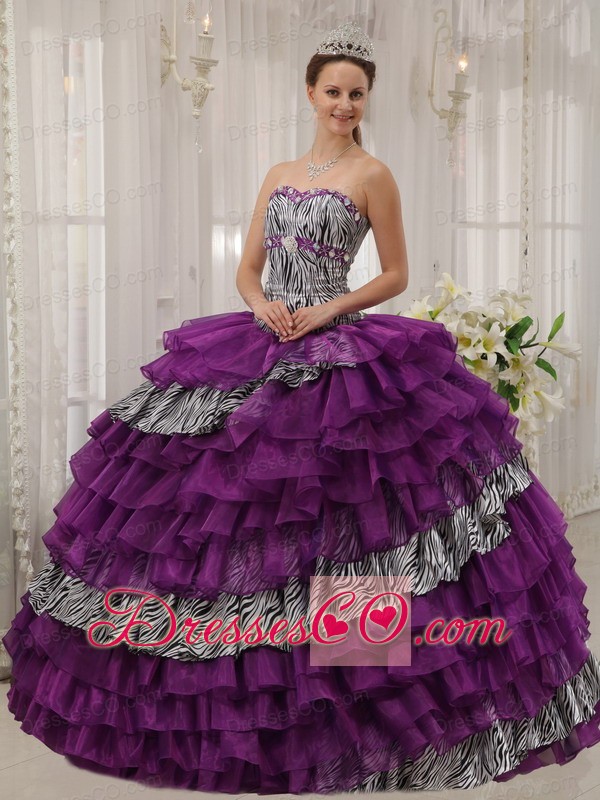 Purple Ball Gown Long Zebra And Organza Beading Quinceanera Dress