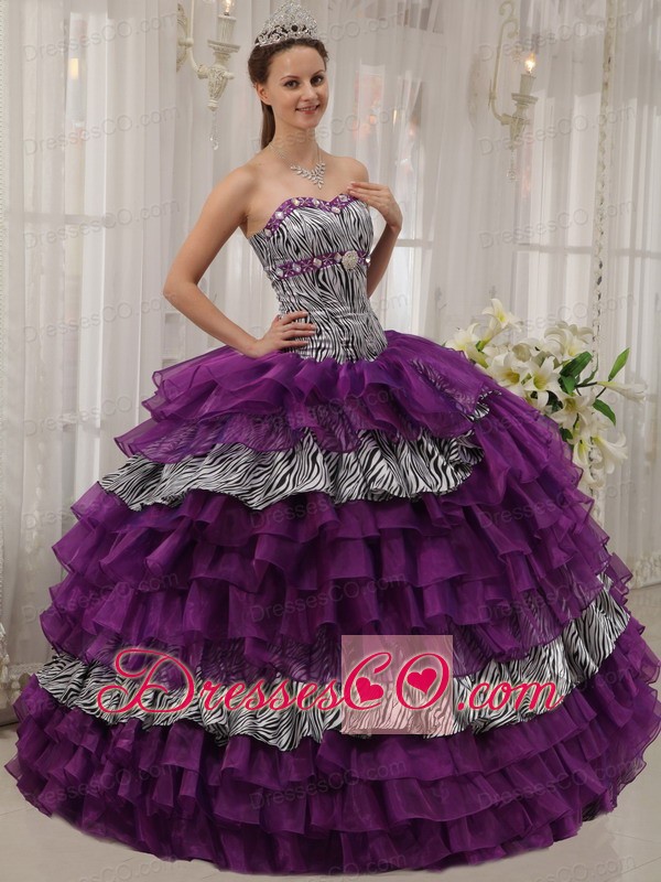 Purple Ball Gown Long Zebra And Organza Beading Quinceanera Dress
