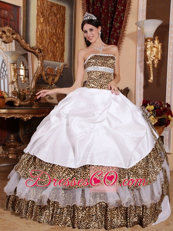 White Ball Gown Strapless Long Leopard Beading Quinceanera Dress