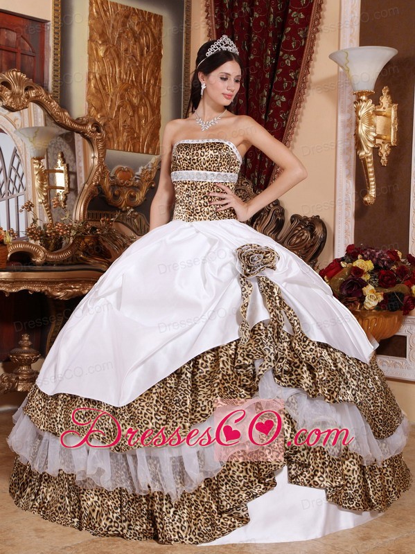 White Ball Gown Strapless Long Leopard Beading Quinceanera Dress