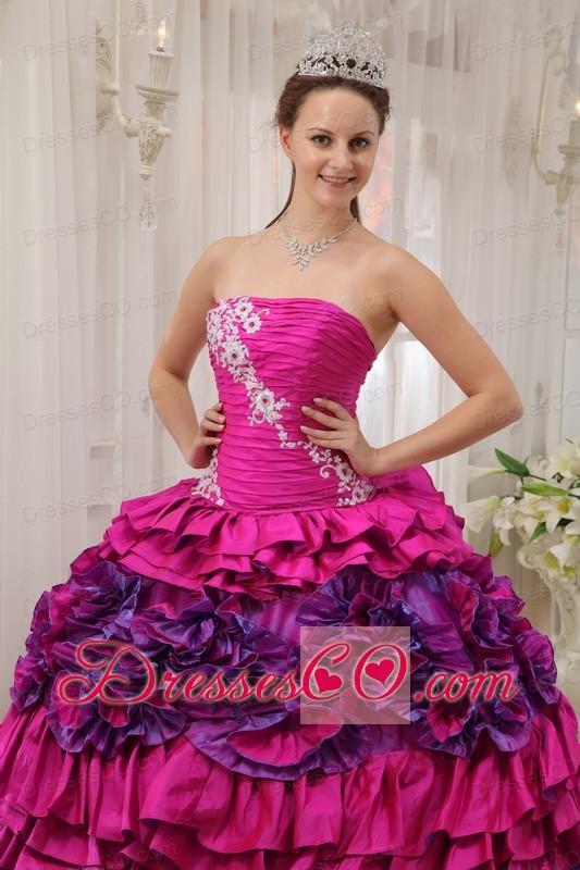 Fuchsia Ball Gown Straplesas Long Taffeta Appliques And Ruching Quinceanera Dress