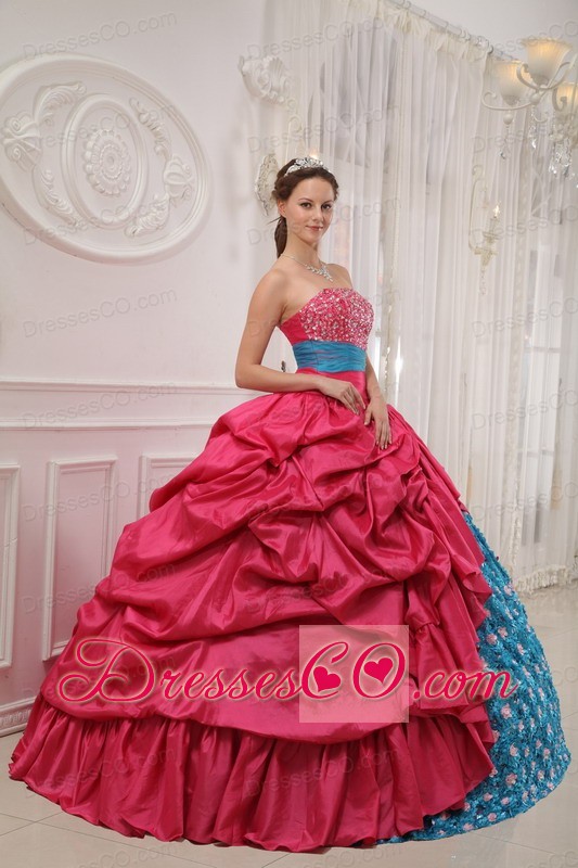 Red And Blue Ball Gown Strapless Long Taffeta Beading Quinceanera Dress