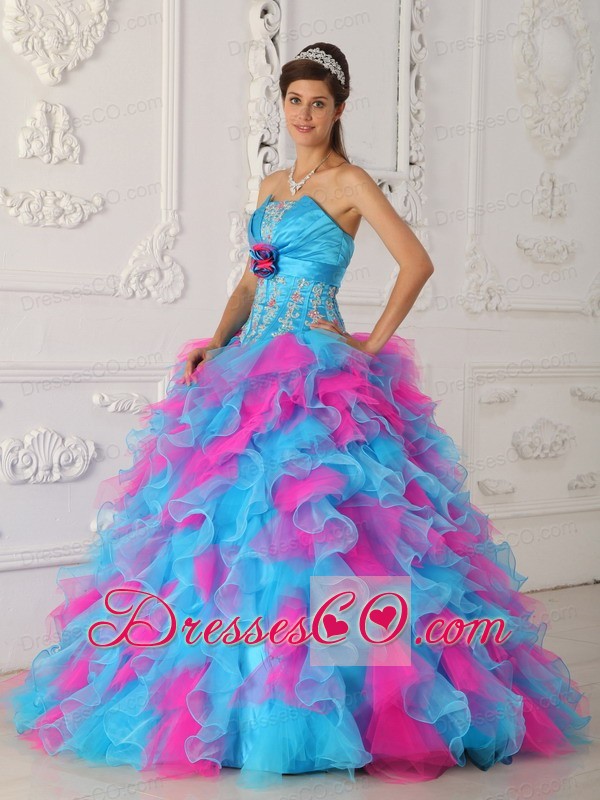 Multi-color Ball Gown Strapless Long Organza Appliques And Hand Flower Quinceanera Dress