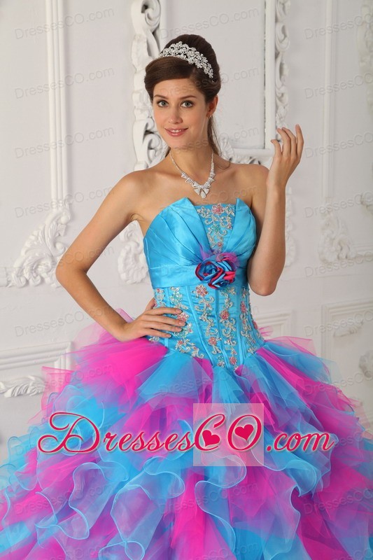 Multi-color Ball Gown Strapless Long Organza Appliques And Hand Flower Quinceanera Dress