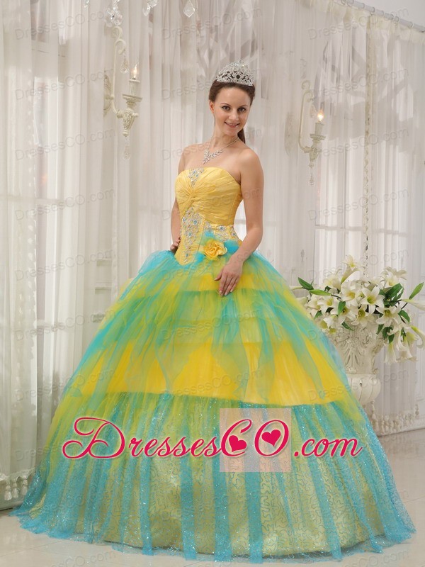 Yellow And Blue Ball Gown Strapless Long Tulle Beading And Ruching Quinceanera Dress