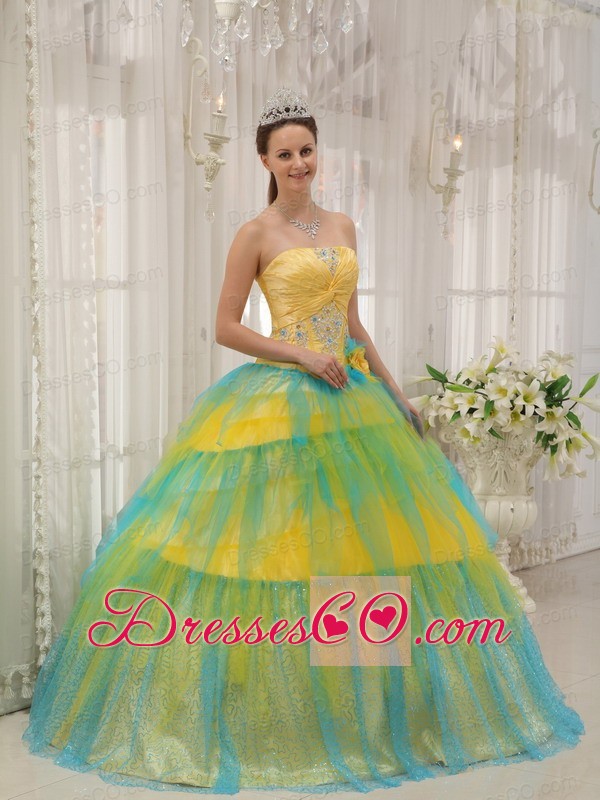 Yellow And Blue Ball Gown Strapless Long Tulle Beading And Ruching Quinceanera Dress