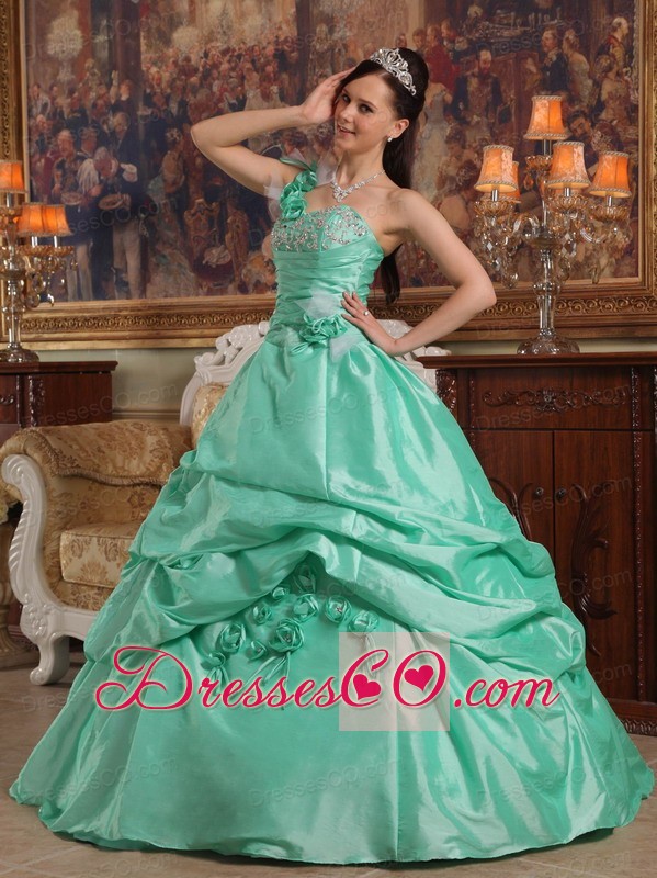 Apple Green Ball Gown One Shoulder Long Hand Flowers Taffeta Quinceanera Dress