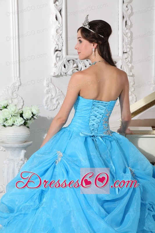 Aqua Blue Ball Gown Strapless Long Organza Beading Quinceanera Dress