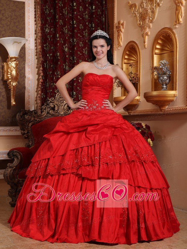 Red Ball Gown Long Taffeta Beading And Appliques Quinceanera Dress