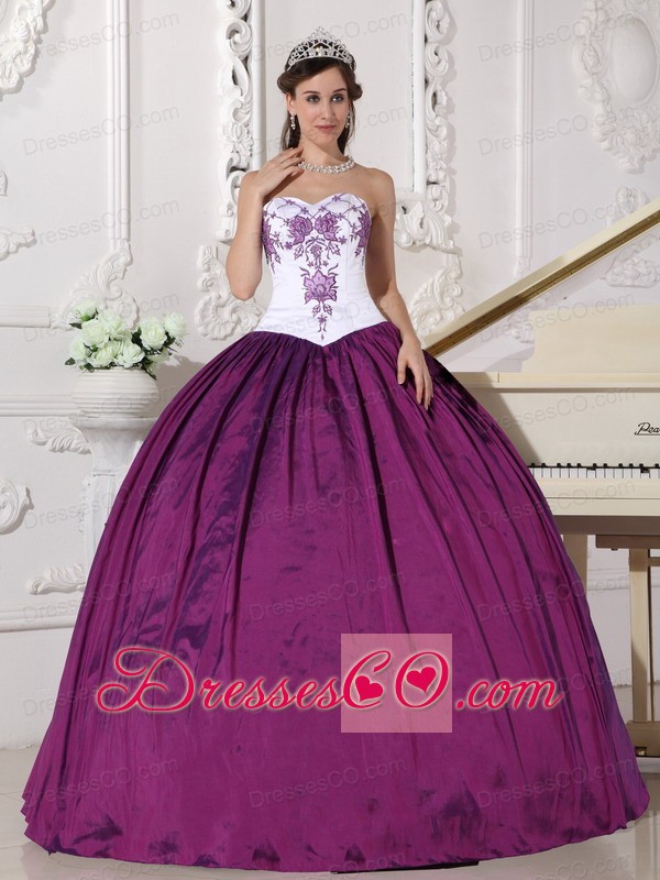 White And Purple Ball Gown Long Taffeta Embroidery Quinceanera Dress