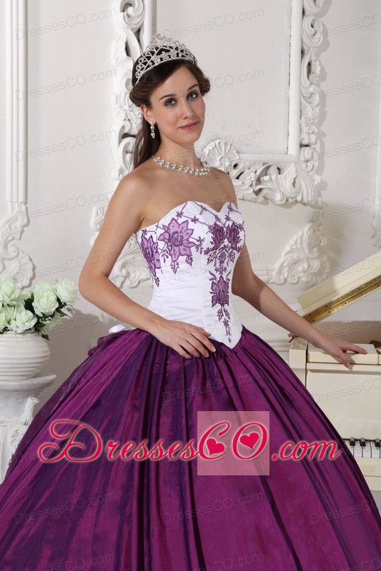 White And Purple Ball Gown Long Taffeta Embroidery Quinceanera Dress