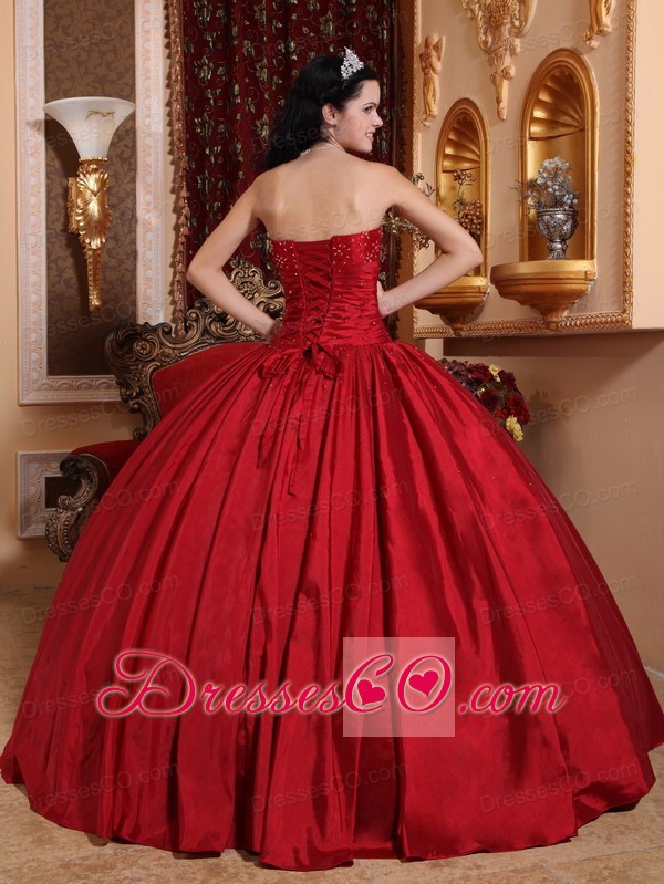 Red Ball Gown Strapless Long Taffeta Beading Quinceanera Dress