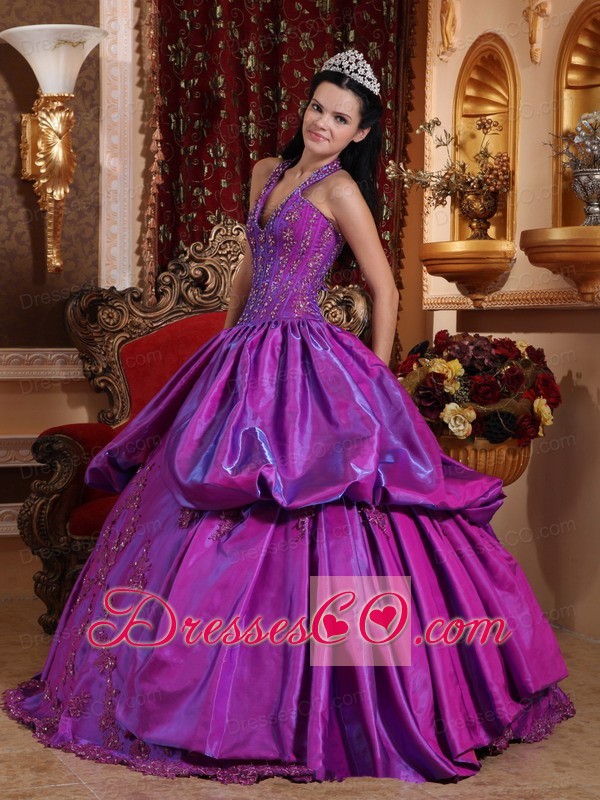 Purple Ball Gown Halter Long Taffeta Appliques Quinceanera Dress