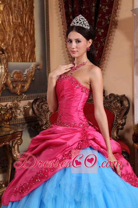 Red And Blue Ball Gown Strapless Long Appliques With Beading Quinceanera Dress