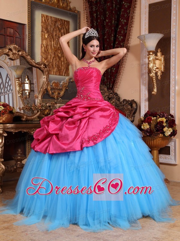 Red And Blue Ball Gown Strapless Long Appliques With Beading Quinceanera Dress