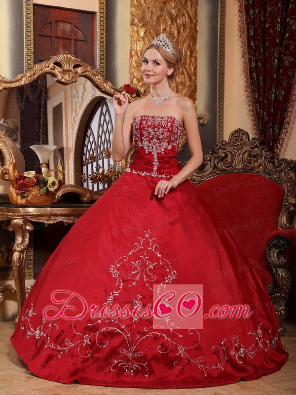 Wine Red Ball Gown Strapless Long Satin Embroidery Quinceanera Dress