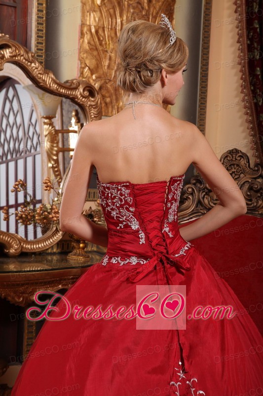 Wine Red Ball Gown Strapless Long Satin Embroidery Quinceanera Dress