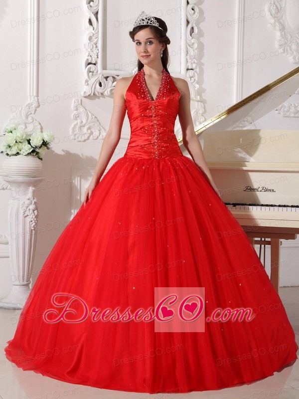 Red Ball Gown Halter Long Tulle Beading Quinceanera Dress