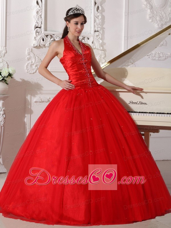 Red Ball Gown Halter Long Tulle Beading Quinceanera Dress