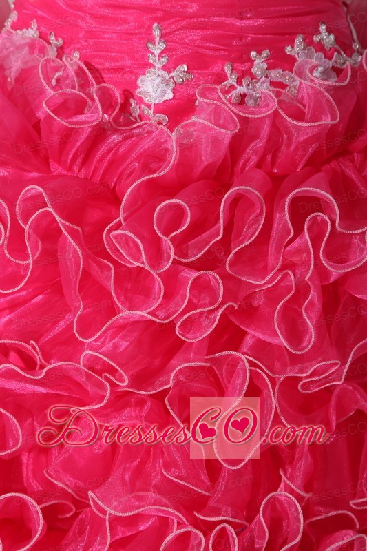 Hot Pink Ball Gown Strapless Long Organza Embroidery With Beading Quinceanera Dress