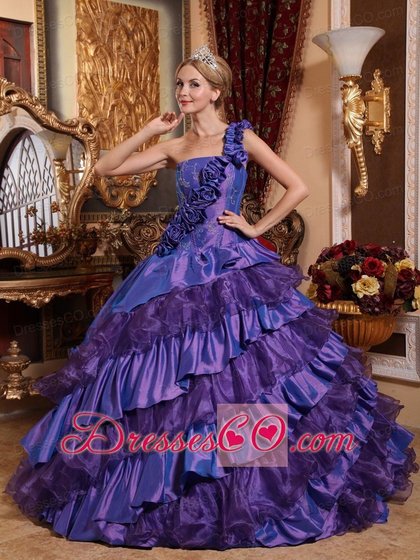 Purple Ball Gown One Shoulder Long Taffeta And Organza Hand Made Flowers Quinceanera Dress