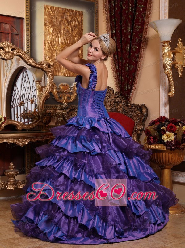 Purple Ball Gown One Shoulder Long Taffeta And Organza Hand Made Flowers Quinceanera Dress