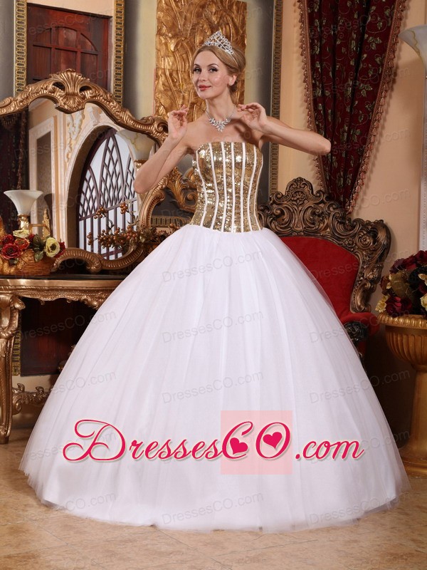 White Ball Gown Strapless Long Tulle Sequins Quinceanera Dress