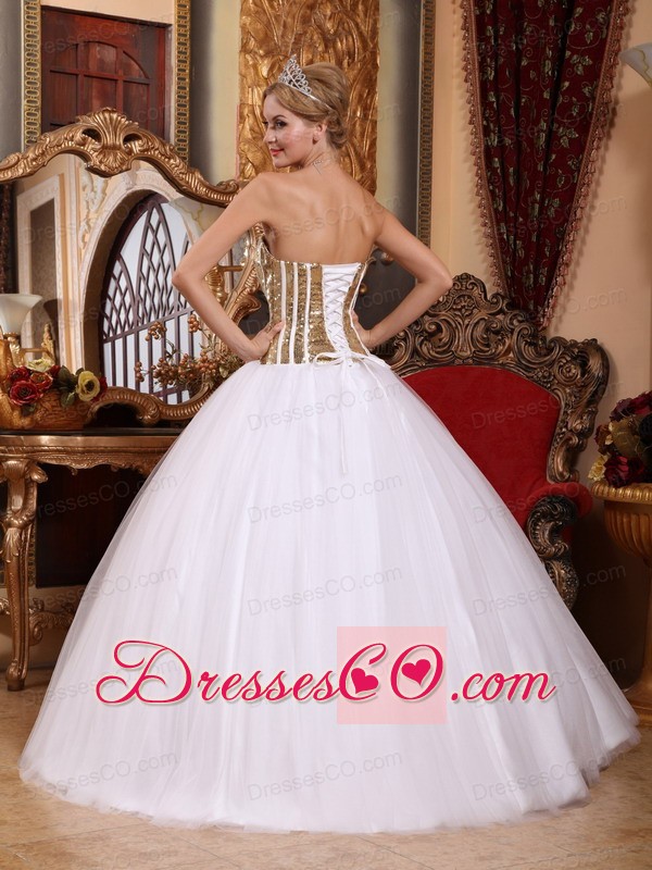 White Ball Gown Strapless Long Tulle Sequins Quinceanera Dress