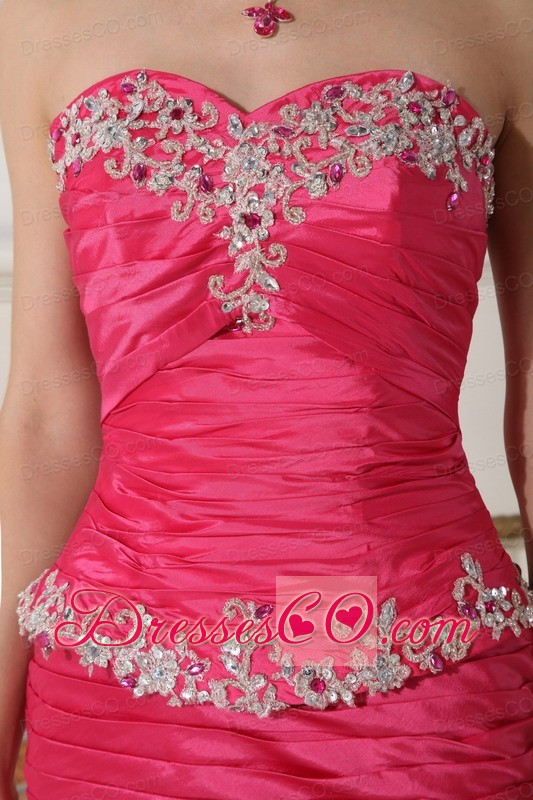 Hot Pink Ball Gown Long Taffeta Beading And Ruching Detachable Quinceanera Dress