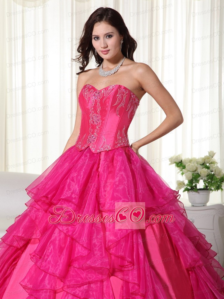 Hot Pink Ball Gown Long Organza Embroidery Quinceanera Dress
