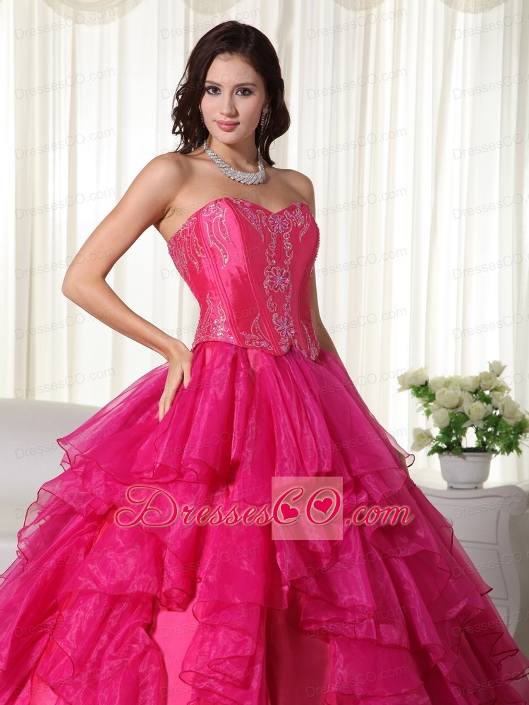 Hot Pink Ball Gown Long Organza Embroidery Quinceanera Dress