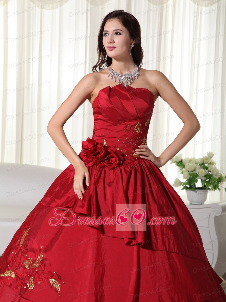 Wine Red Ball Gown Strapless Long Taffeta Hand Flowers Quinceanera Dress