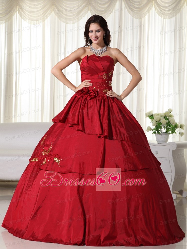 Wine Red Ball Gown Strapless Long Taffeta Hand Flowers Quinceanera Dress
