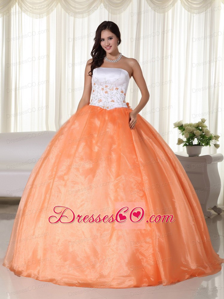 Orange Ball Gown Strapless Long Organza Quinceanera Dress