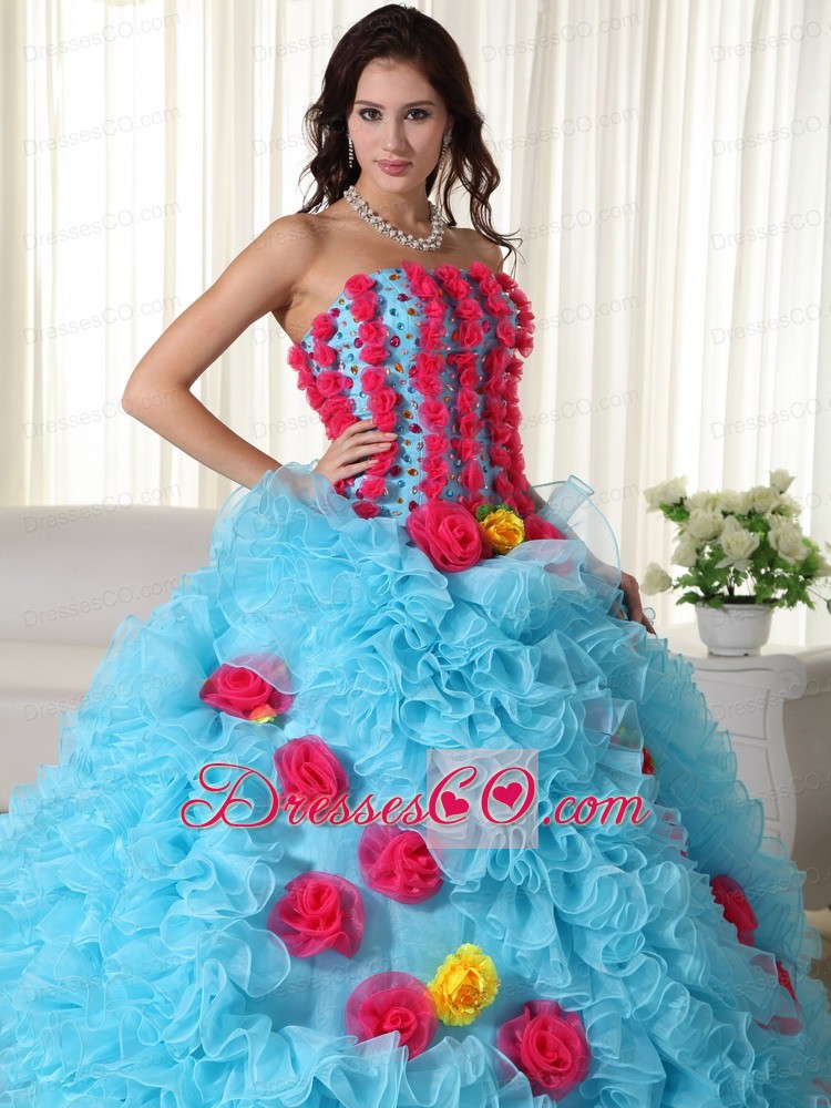Aqua Ball Gown Strapless Long Organza Beading Quinceanera Dress