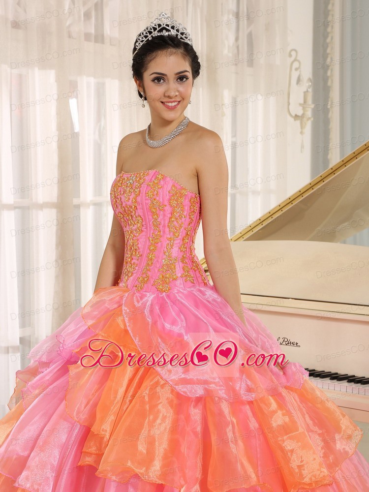 Ruflfled Layers and Appliques Decorate Up Bodice For Rose Pink and Orange Quinceanera Dress Customize