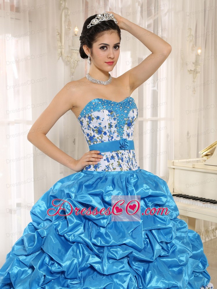 Beaded and Pick-ups For Blue Quinceanera Dress Taffeta and Printing