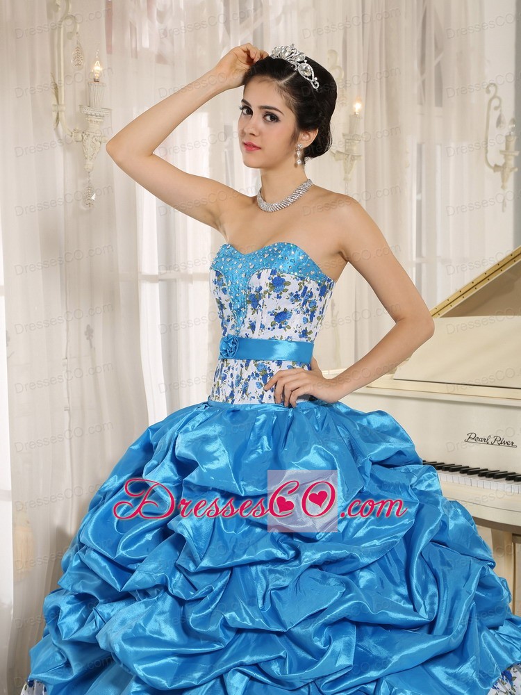 Beaded and Pick-ups For Blue Quinceanera Dress Taffeta and Printing