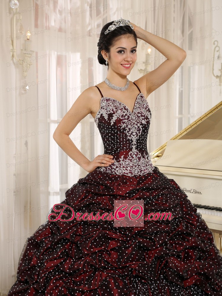 Special Fabric Pick-ups Spaghetti Straps Appliques Decorate Quinceanera Gowns