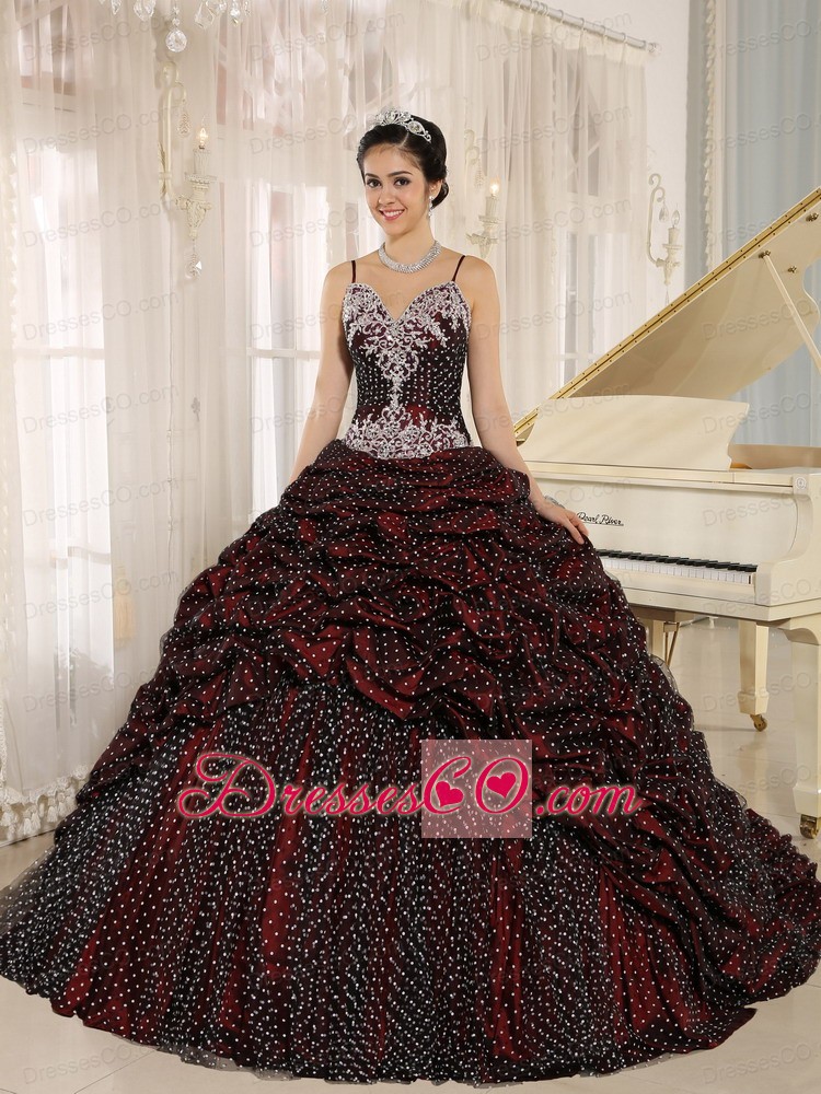 Special Fabric Pick-ups Spaghetti Straps Appliques Decorate Quinceanera Gowns