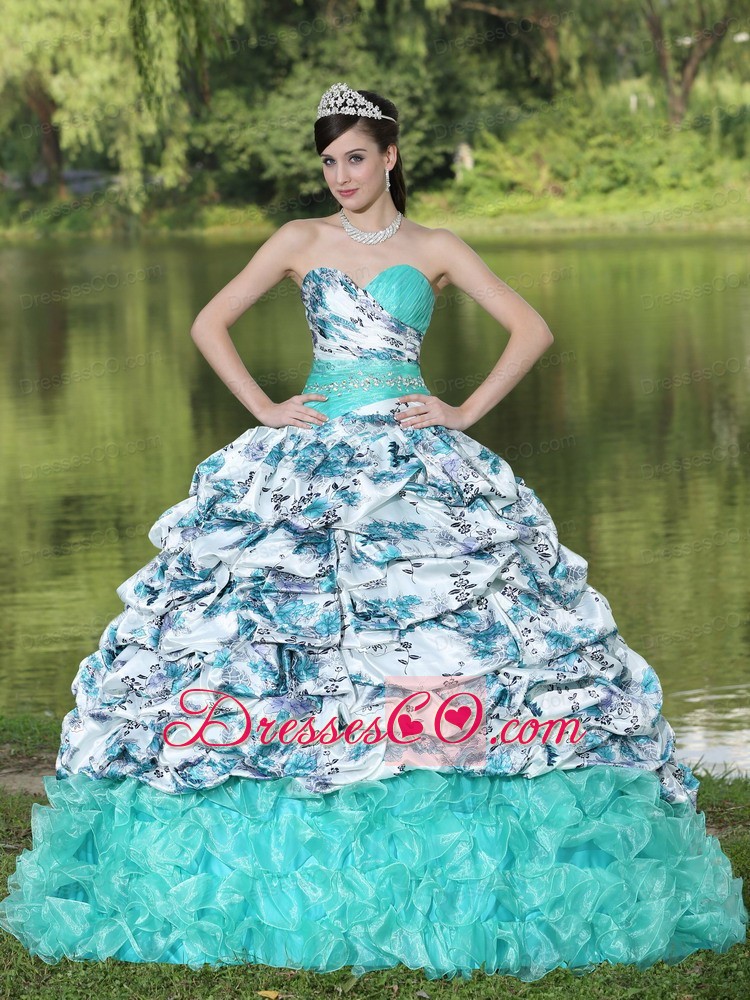 Colorful Printing and Organza Beaded Decorate Waist Pick-ups and Ruffles Brush Train Lovely Style For Quinceanera Dress