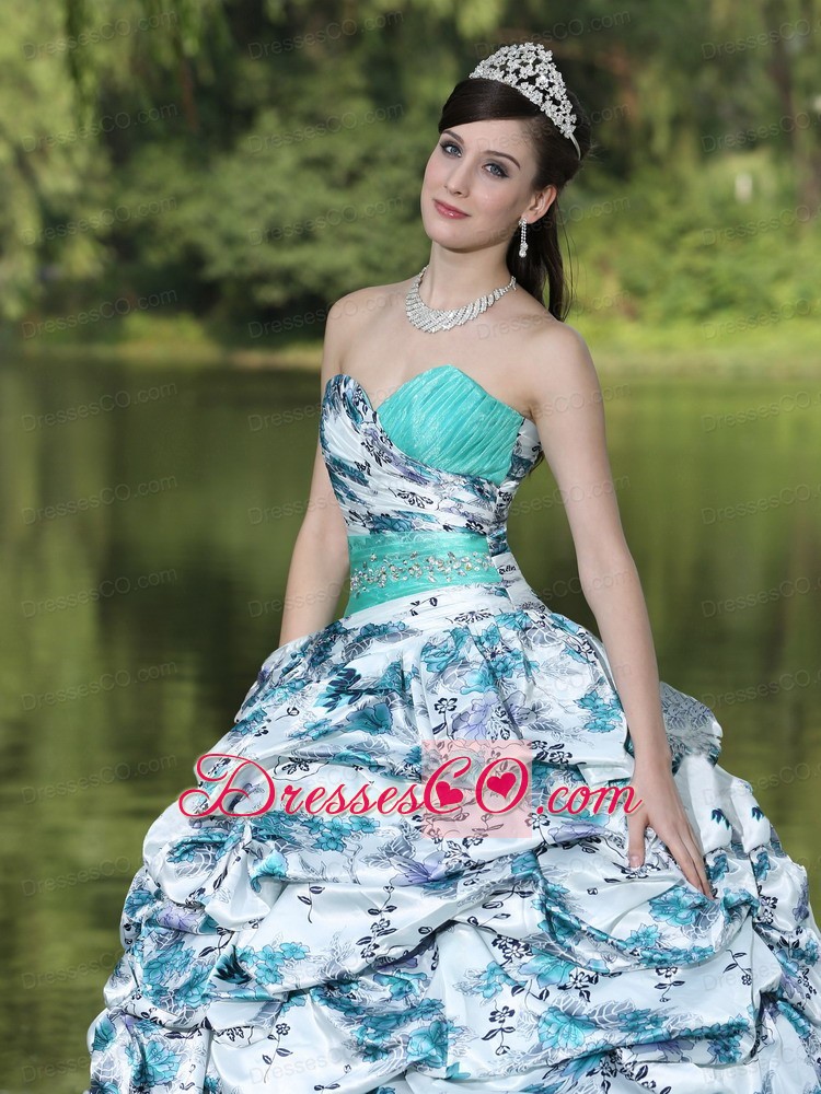 Colorful Printing and Organza Beaded Decorate Waist Pick-ups and Ruffles Brush Train Lovely Style For Quinceanera Dress