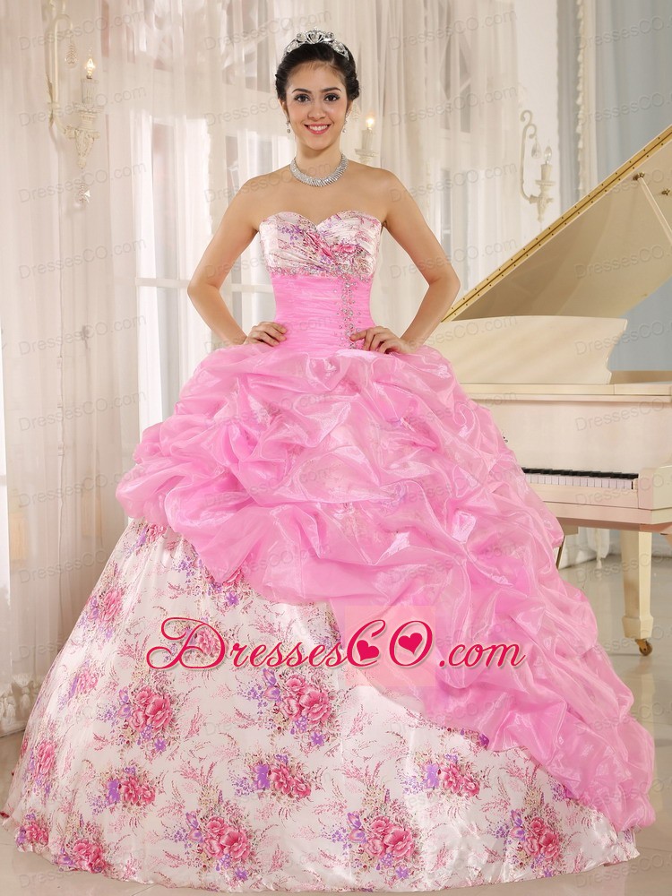 Printing Beaded and Pick-ups For Rose Pink Quinceanera Dress For Custom Made