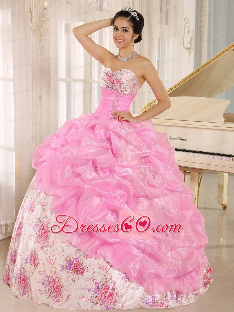 Printing Beaded and Pick-ups For Rose Pink Quinceanera Dress For Custom Made