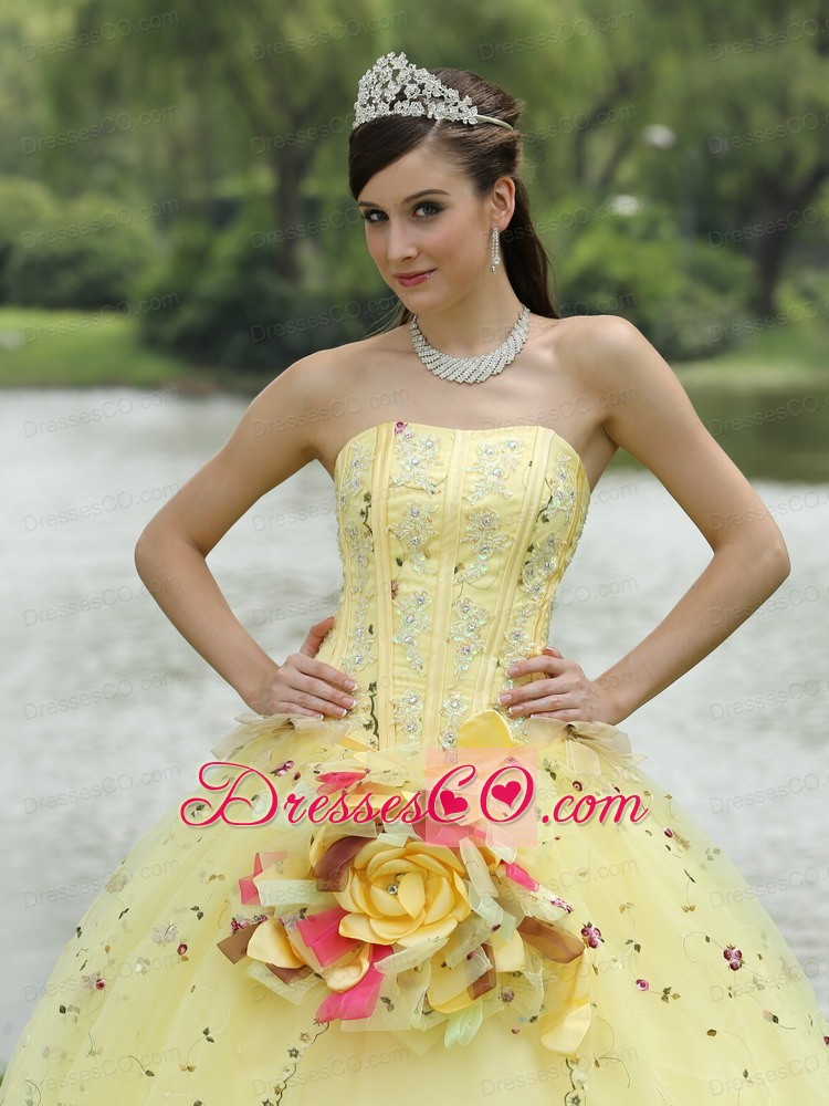 Appliques Embroidery And Hand Made Flowers Light Yellow Quinceanera Dress For Strapless Long
