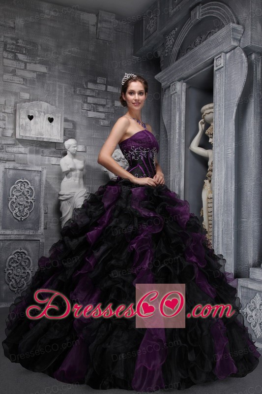 Exclusive Strapless Long Appliques And Ruffles Dark Purple And Black Quinceanera Dress