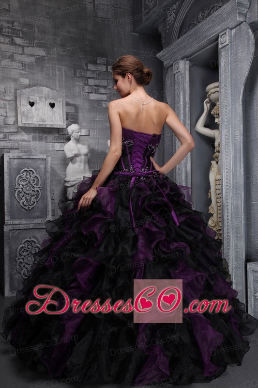 Exclusive Strapless Long Appliques And Ruffles Dark Purple And Black Quinceanera Dress