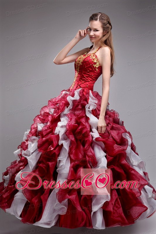 Wine Red Ball Gown Halter Long Organza Appliques And Ruffles Quinceanera Dress