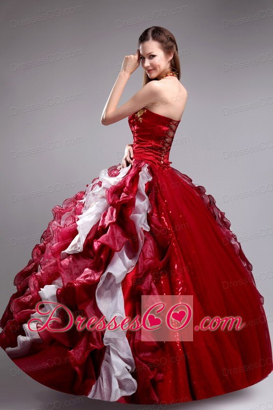 Wine Red Ball Gown Halter Long Organza Appliques And Ruffles Quinceanera Dress